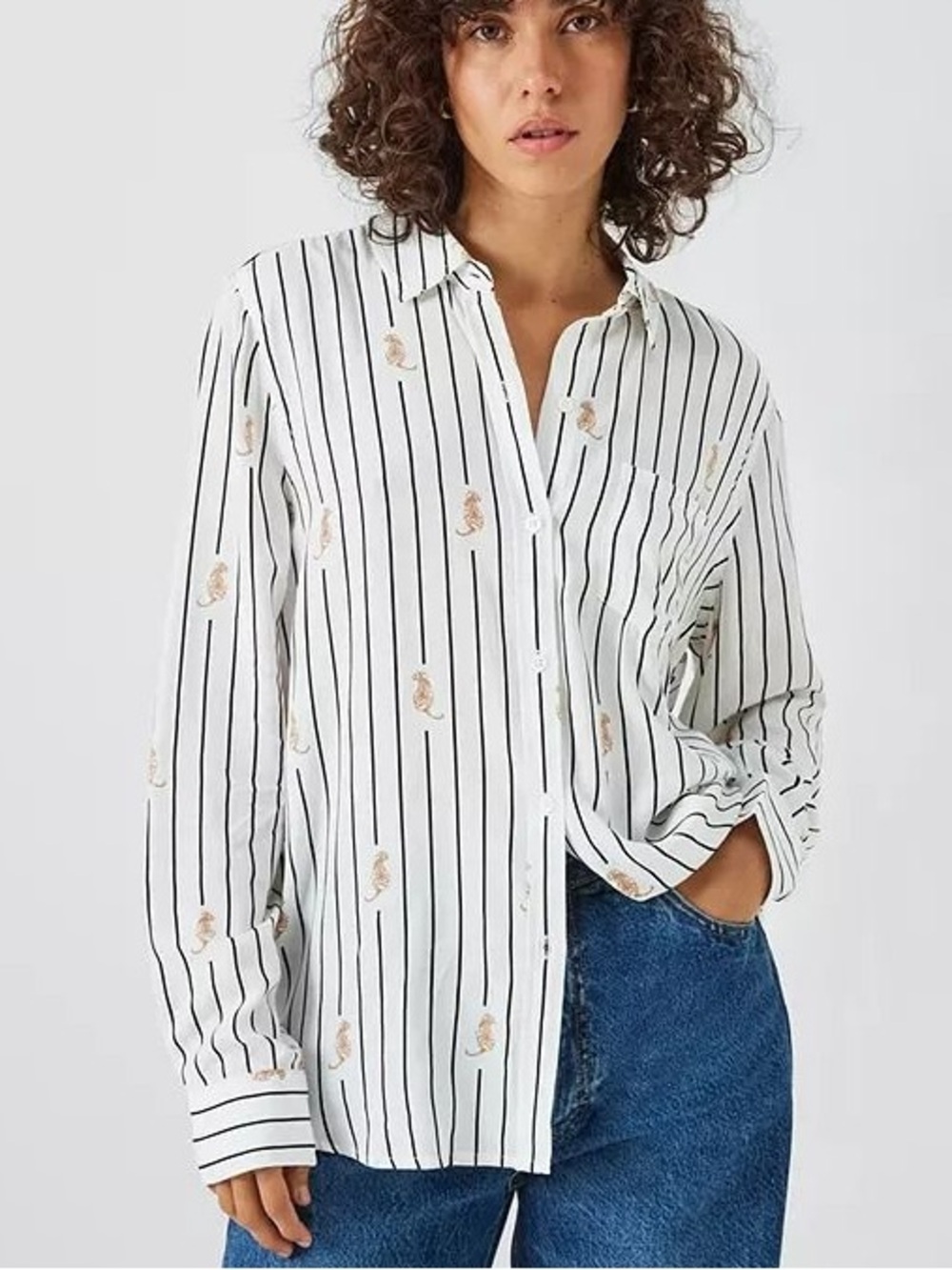 Rails Kathryn Striped Tigers Blouse Button-Up Long Sleeves White/Black Animal L